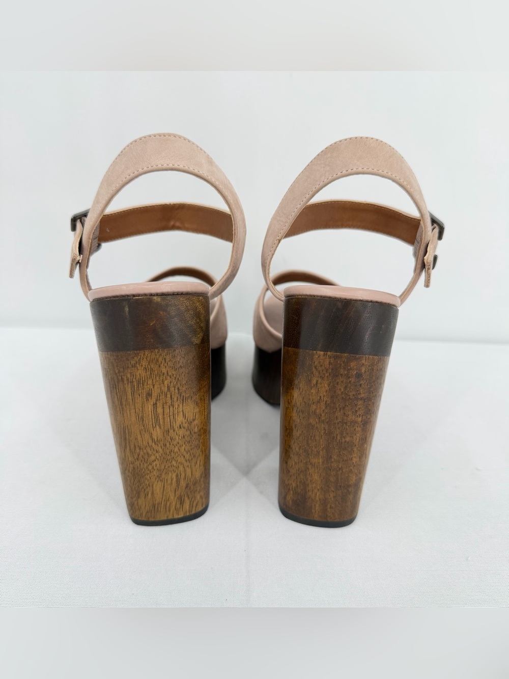 Leather Wood Platform Block Heel Sandals Nude 6.5 resort boho eurosummer coastal - Picture 6 of 16